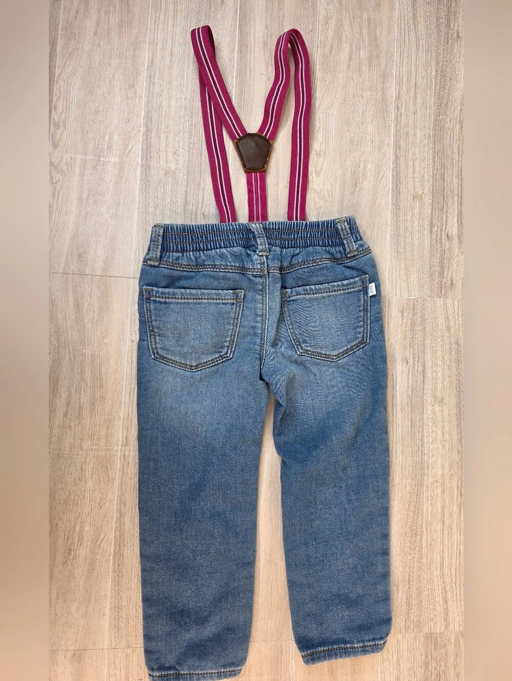 Adorable 2T OshKosh B'gosh Blue Denim Jeans with Pink Striped Suspenders